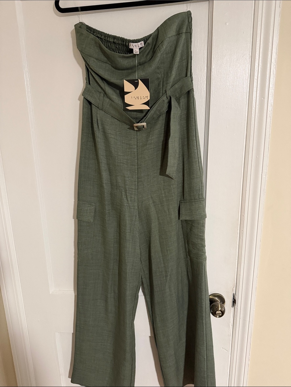 Inspired Hearts Olive Green Strapless Wide-Leg Jumpsuit with Belt